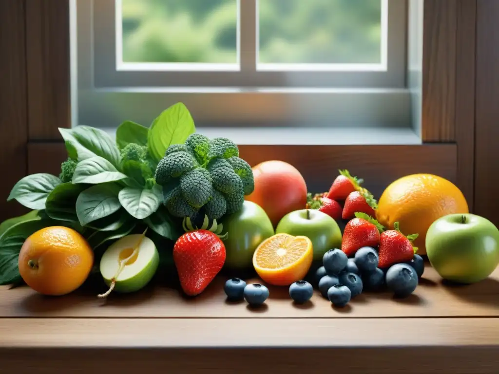 Una tentadora variedad de frutas y verduras frescas en una mesa de madera, bañadas por la luz del sol