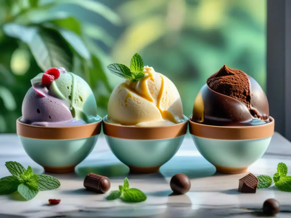 Una tentadora variedad de helados veganos sin gluten caseros en envases de cerámica, adornados con frutas frescas y salsa de chocolate sin lácteos