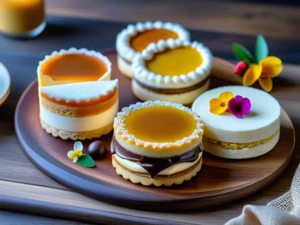 Una tentadora variedad de postres latinos sin gluten, exquisitamente decorados, sobre una mesa de madera rústica