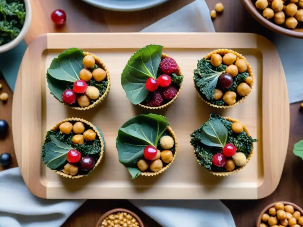 Una tentadora variedad de Snacks sin gluten caseros creativos, decorados con frutas y hojas de menta en una tabla de madera