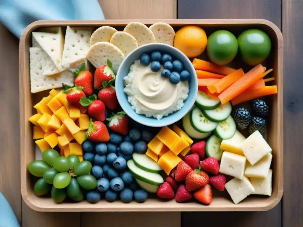 Una tentadora variedad de snacks sin gluten para excursiones, con frutas frescas, frutos secos, crackers y vegetales vibrantes en una tabla rústica