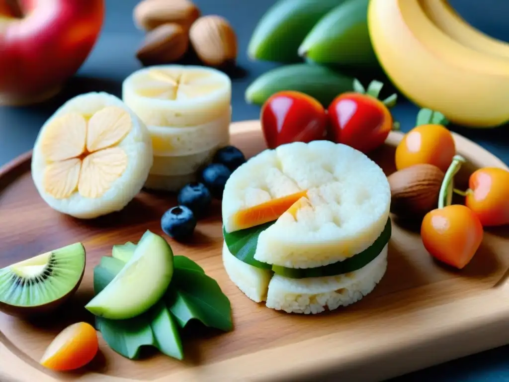 Una tentadora variedad de Snacks sin gluten saludables antojo en tabla de madera, frescos y coloridos