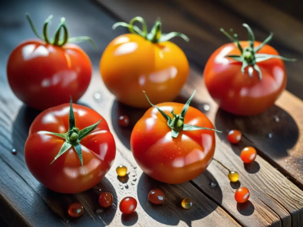 Una tentadora variedad de tomates maduros y jugosos en una mesa rústica, listos para crear deliciosas salsas de tomate sin gluten