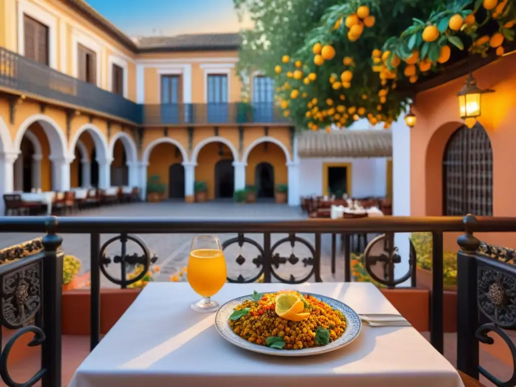 Una terraza acogedora en un restaurante sevillano tradicional con mesa de platos sin gluten