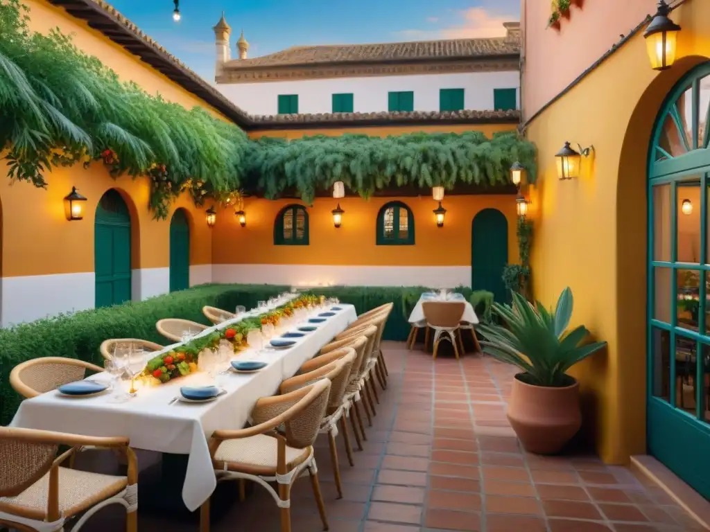 Una terraza acogedora en Sevilla con vista a un restaurante español tradicional y platos sin gluten