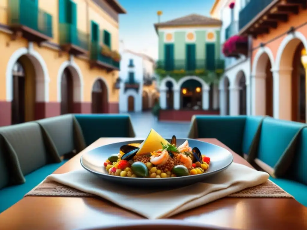 Terraza vibrante de restaurante en Málaga con comida sin gluten: paella, tapas y marisco fresco, en mesa colorida