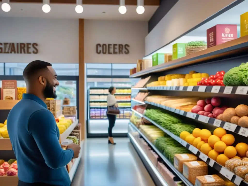 Una tienda especializada sin gluten cercana, llena de vida y color, donde clientes felices exploran los productos