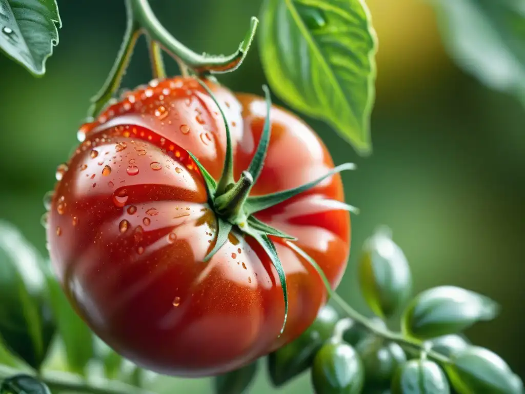 Un tomate orgánico recién cosechado y vibrante, con gotas de agua brillando al sol