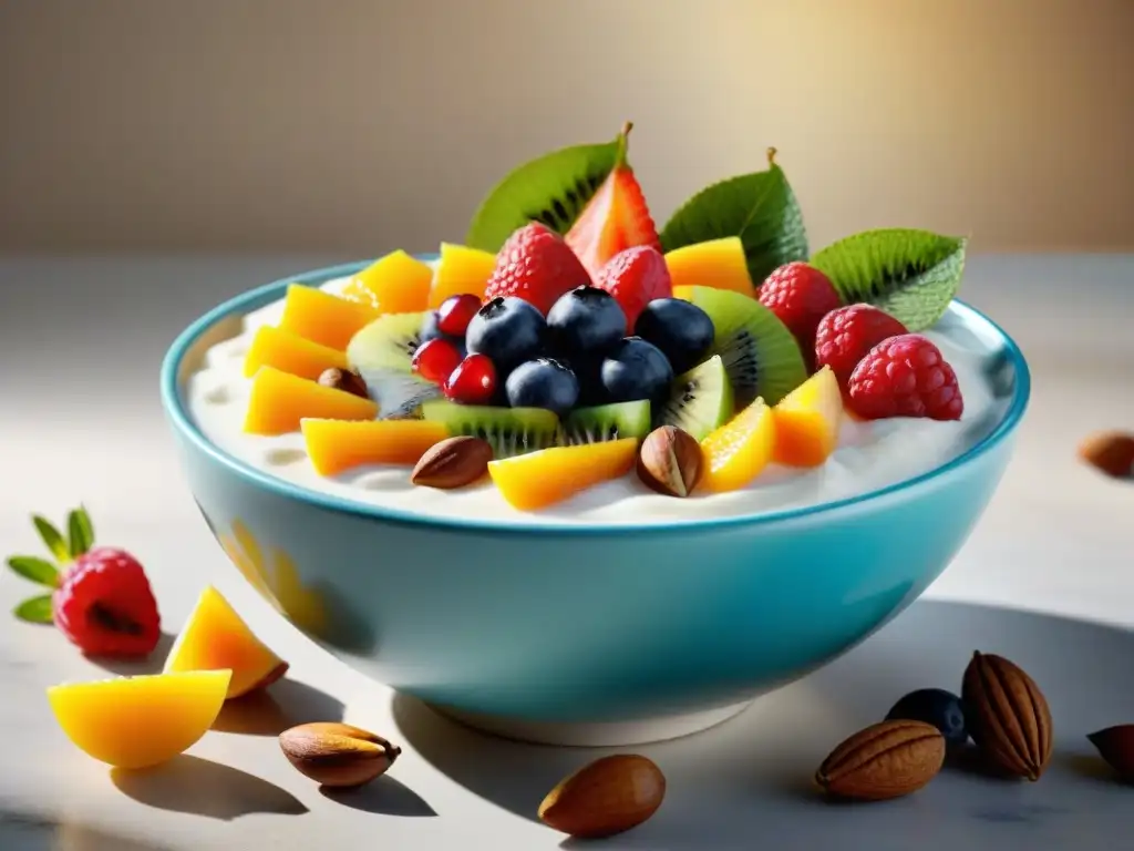 Toppings para yogur sin gluten: variedad de frutas y frutos secos sobre yogurt cremoso y decadente