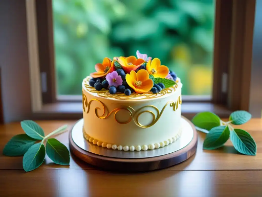 Una torta sin gluten innovadora con flores comestibles y detalles en oro sobre una mesa rústica