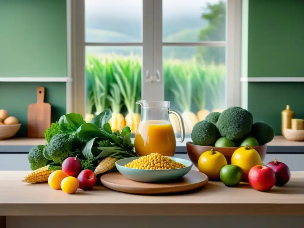 Un rincón tranquilo y acogedor con una mesa de madera llena de alimentos saludables y coloridos