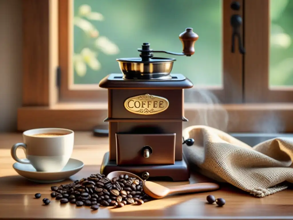 Un tranquilo amanecer en la cocina con un molinillo de café de madera rústica rodeado de granos, una taza humeante y una cuchara de madera