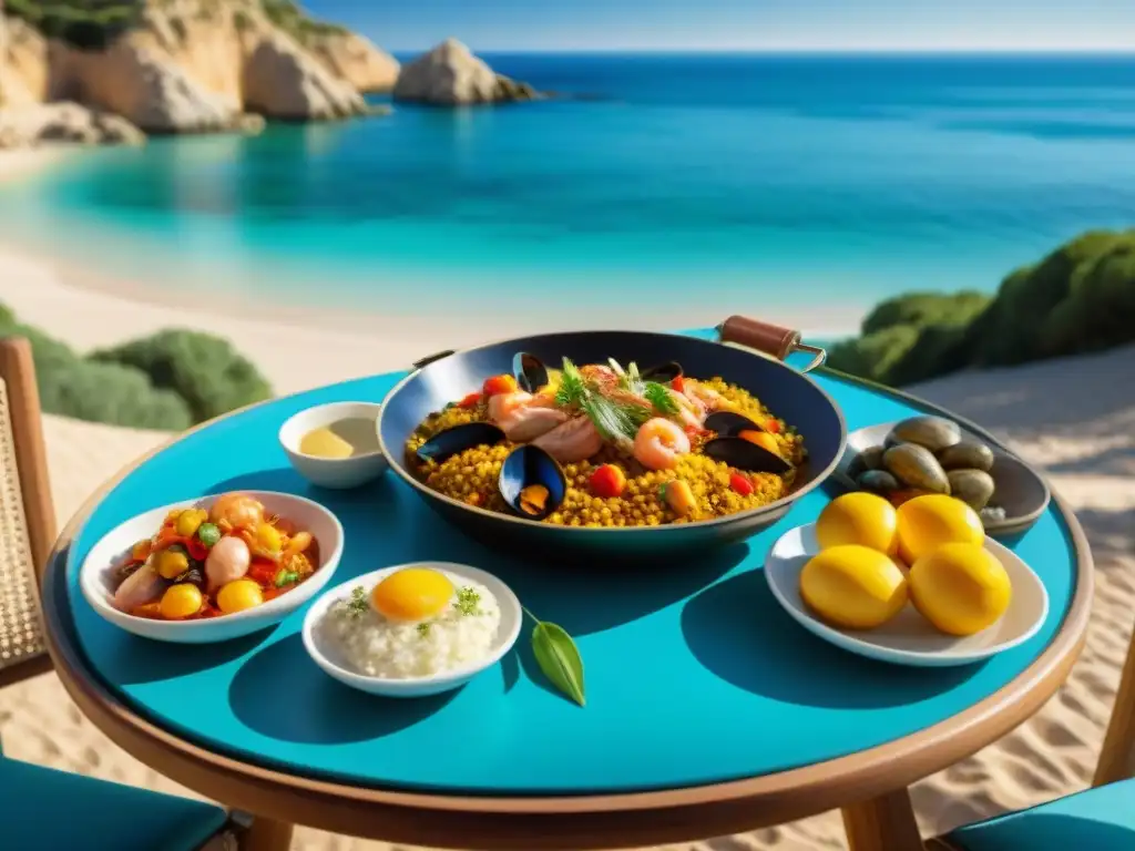 Un rincón tranquilo y culinario en España: mesa de madera con delicias sin gluten en una playa relajante