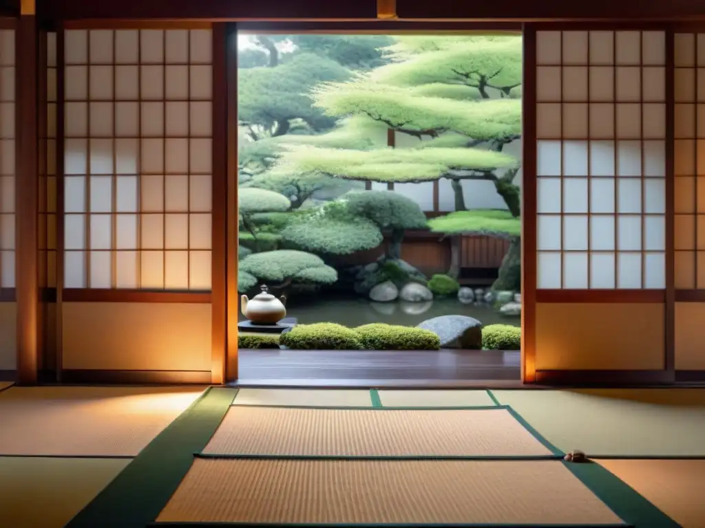 Tranquilo tea house japonés en Tokio con jardín zen, tatamis y puertas corredizas, creando una atmósfera serena