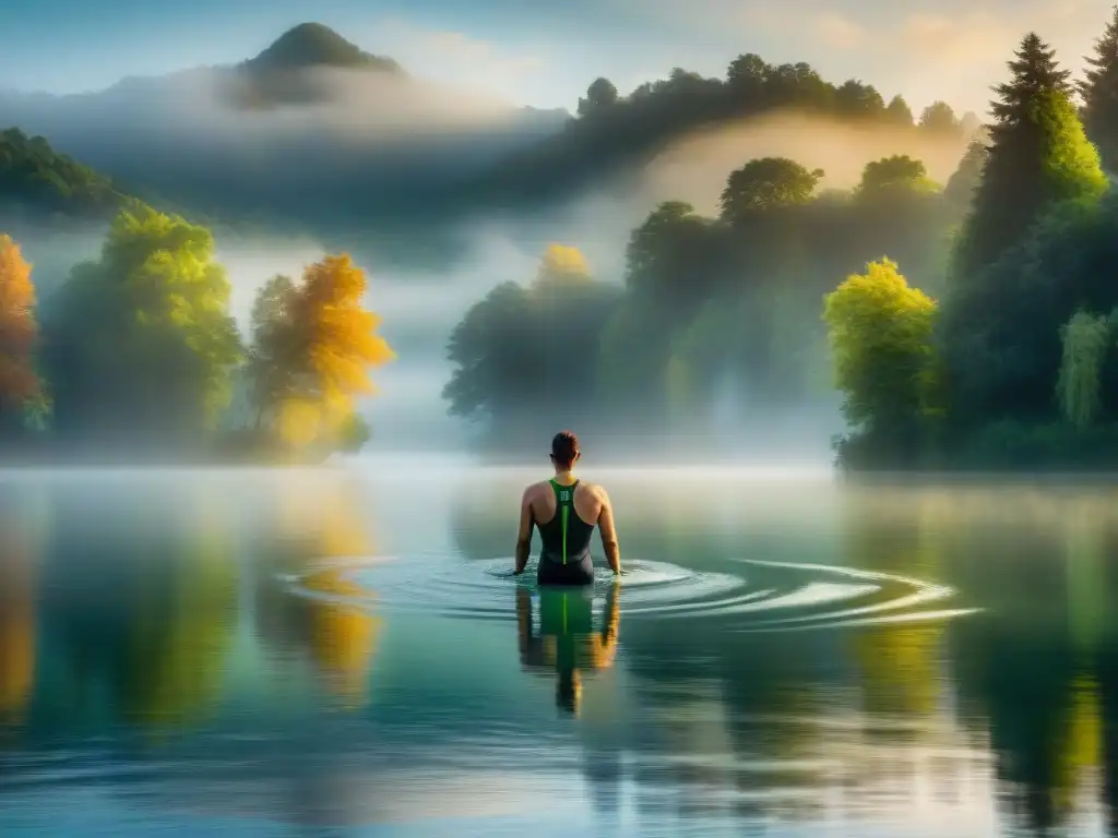 Un triatleta nada con gracia en un lago al amanecer, rodeado de árboles verdes y niebla, en un escenario inspirador