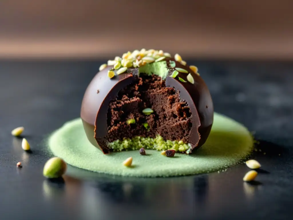 Una trufa de chocolate decadente con pistachos, sobre cama de cacao y virutas de chocolate