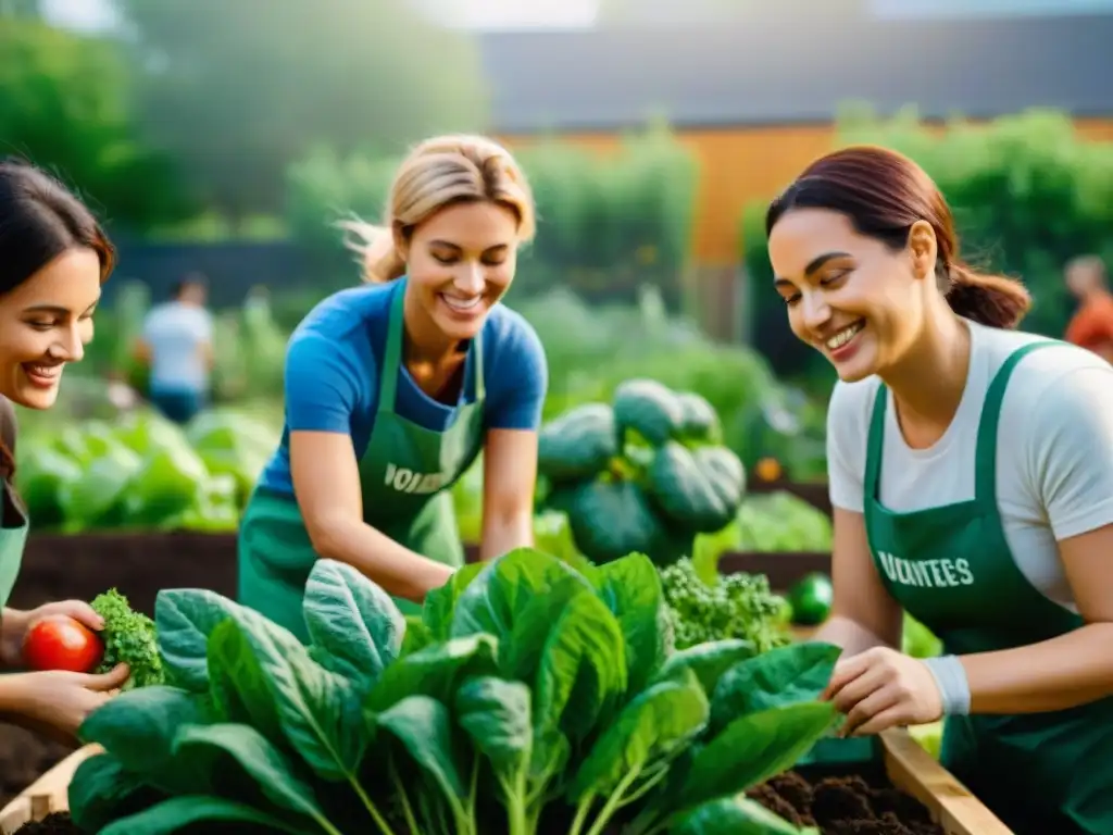 Unidos en el jardín comunitario sin gluten, voluntarios cultivan y cosechan sonrientes frutas y verduras