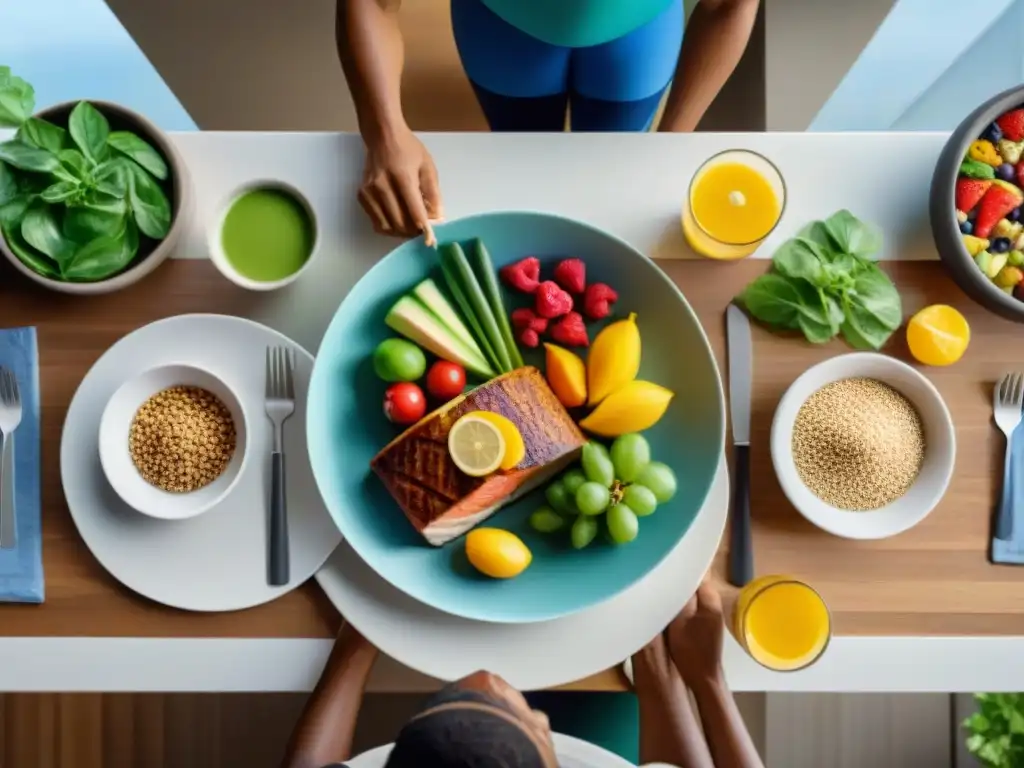 Unidos por la fuerza y la salud, deportistas disfrutan de una dieta sin gluten en un elegante comedor con vistas a la naturaleza