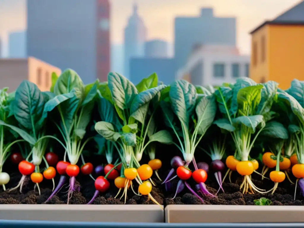 Un jardín urbano compacto rebosante de vegetales frescos sin gluten bajo el cálido sol