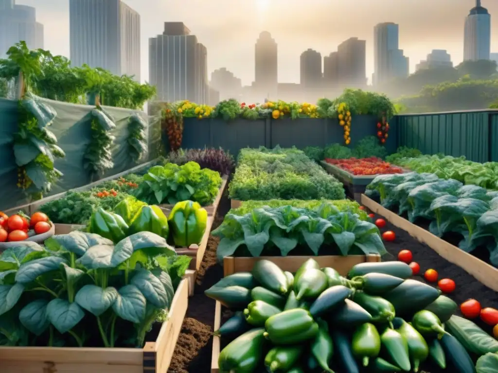 Un jardín urbano exuberante con huertos elevados repletos de vegetales sin gluten bajo la cálida luz del sol, con abejas y mariposas revoloteando