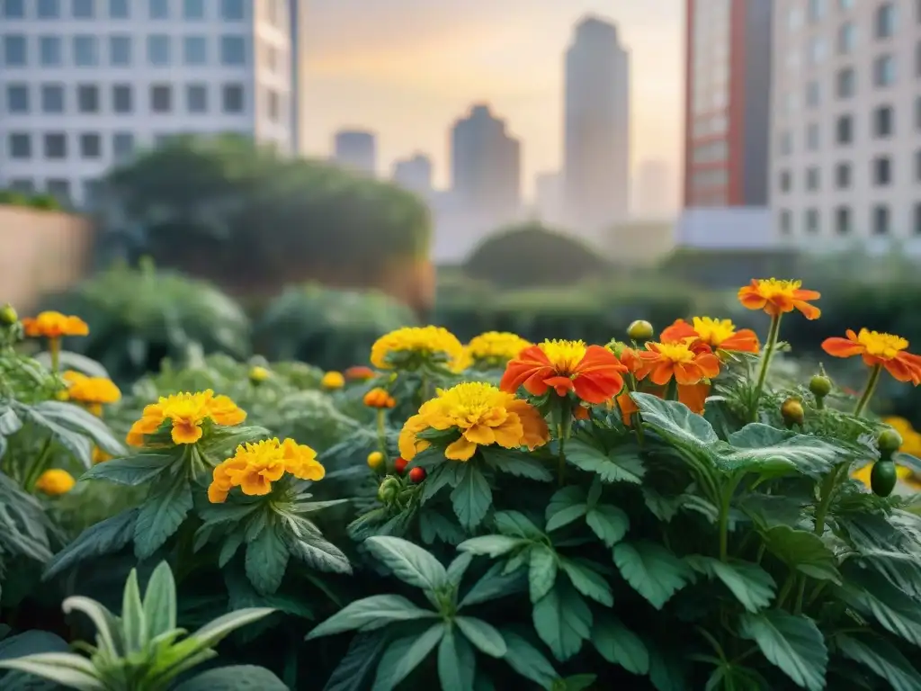 Un jardín urbano exuberante libre de plagas, bañado en cálida luz dorada, con plantas vibrantes y saludables