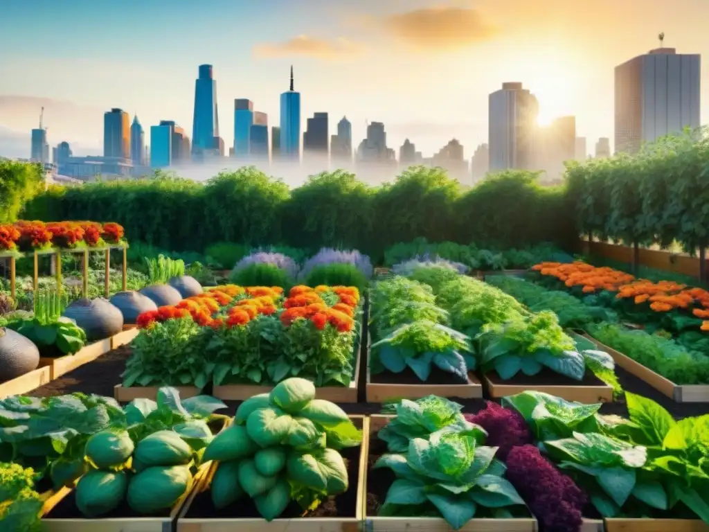 Un jardín urbano sin gluten rebosante de vida y color, con huertos organizados y variedades de plantas señalizadas, bajo la luz suave del sol