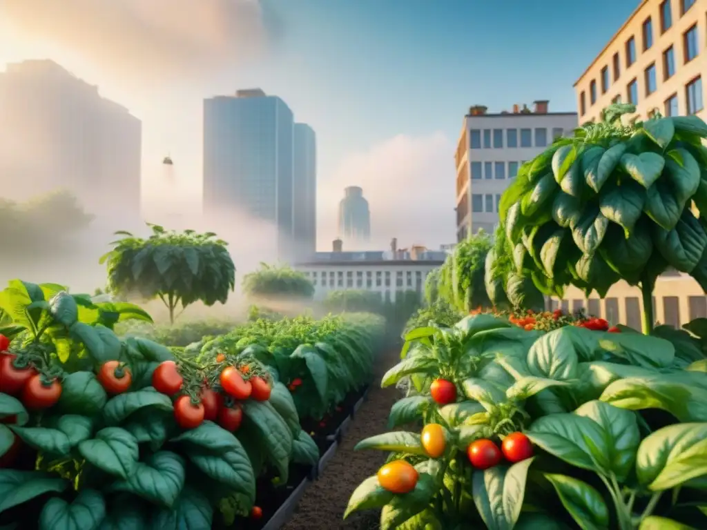 Un jardín urbano próspero sin plagas, con tomates, pimientos y albahaca