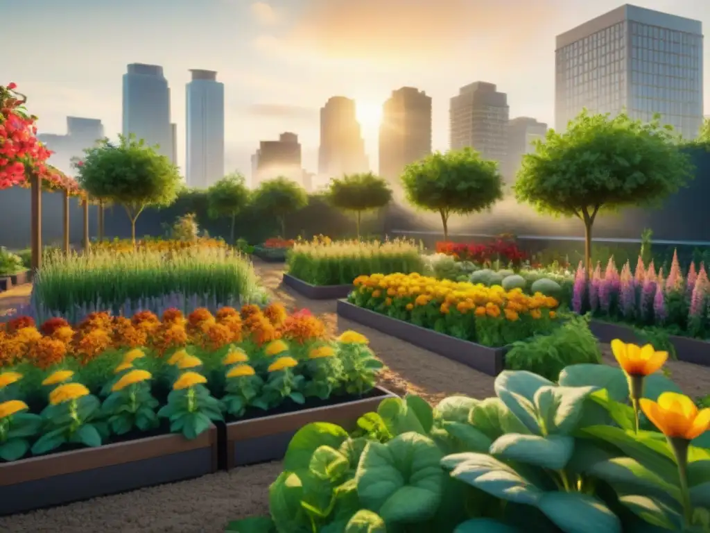 Un jardín urbano vibrante, lleno de plantas verdes en camas elevadas y flores coloridas, atrae a polinizadores