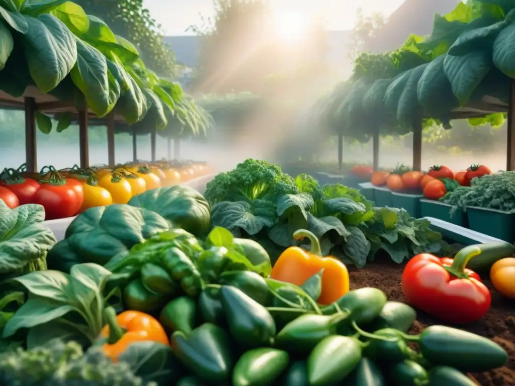 Un jardín urbano vibrante lleno de vegetales coloridos, perfecto para recetas sin gluten con productos frescos