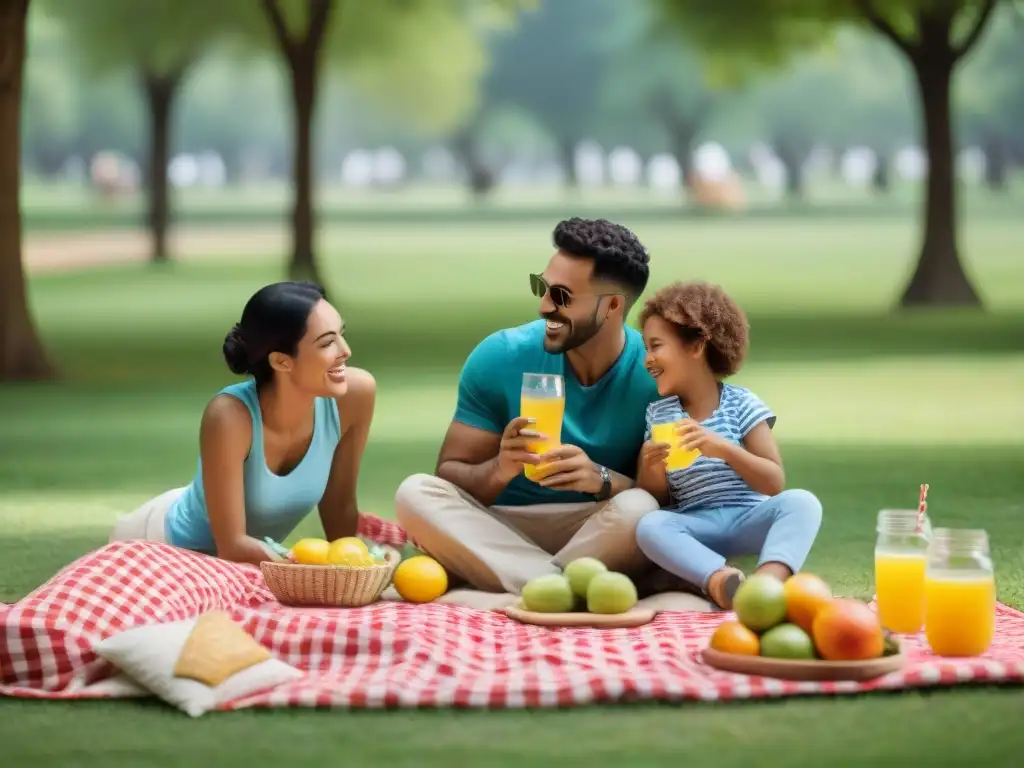 Vacaciones sin gluten familiares: Familia feliz disfrutando de un picnic en el parque con comida sin gluten y cometas coloridas