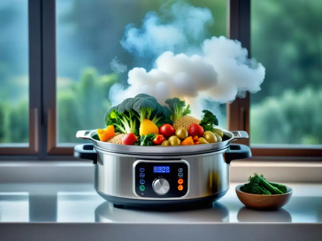 Una vaporera de acero inoxidable moderna llena de ingredientes vibrantes sin gluten, envuelta en vapor, en una cocina iluminada naturalmente