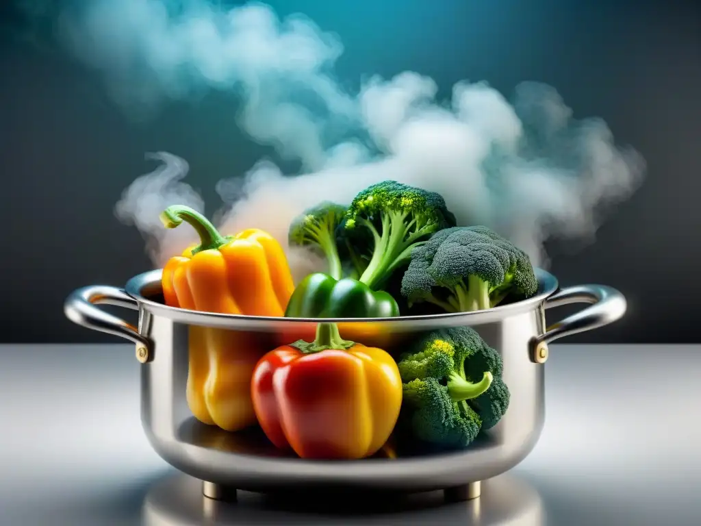 Vaporera de acero inoxidable con verduras vibrantes al vapor, ideal para recetas sin gluten