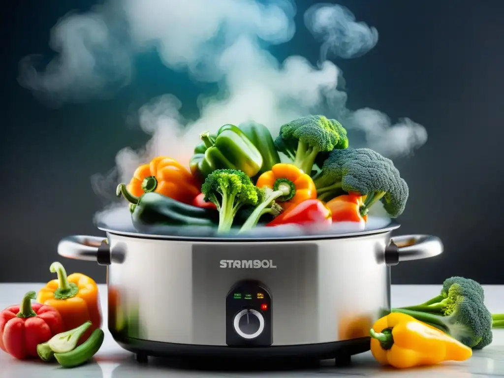 Una vaporera moderna llena de verduras vibrantes, cocidas a la perfección, con vapor suave