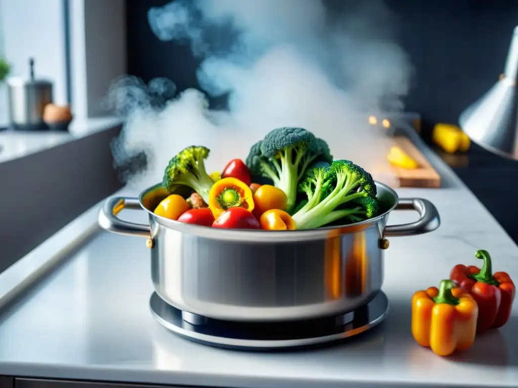 Vaporera con verduras sin gluten frescas y vibrantes, perfecta para recetas saludables