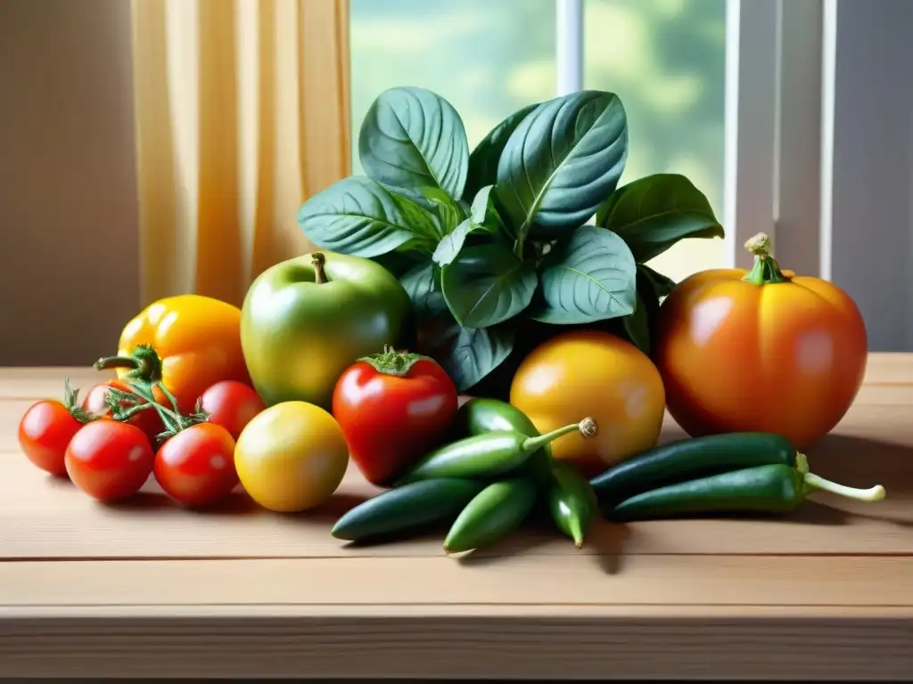 Una variada y colorida exhibición de frutas y verduras frescas en una mesa de madera, resaltando su frescura y valor nutricional