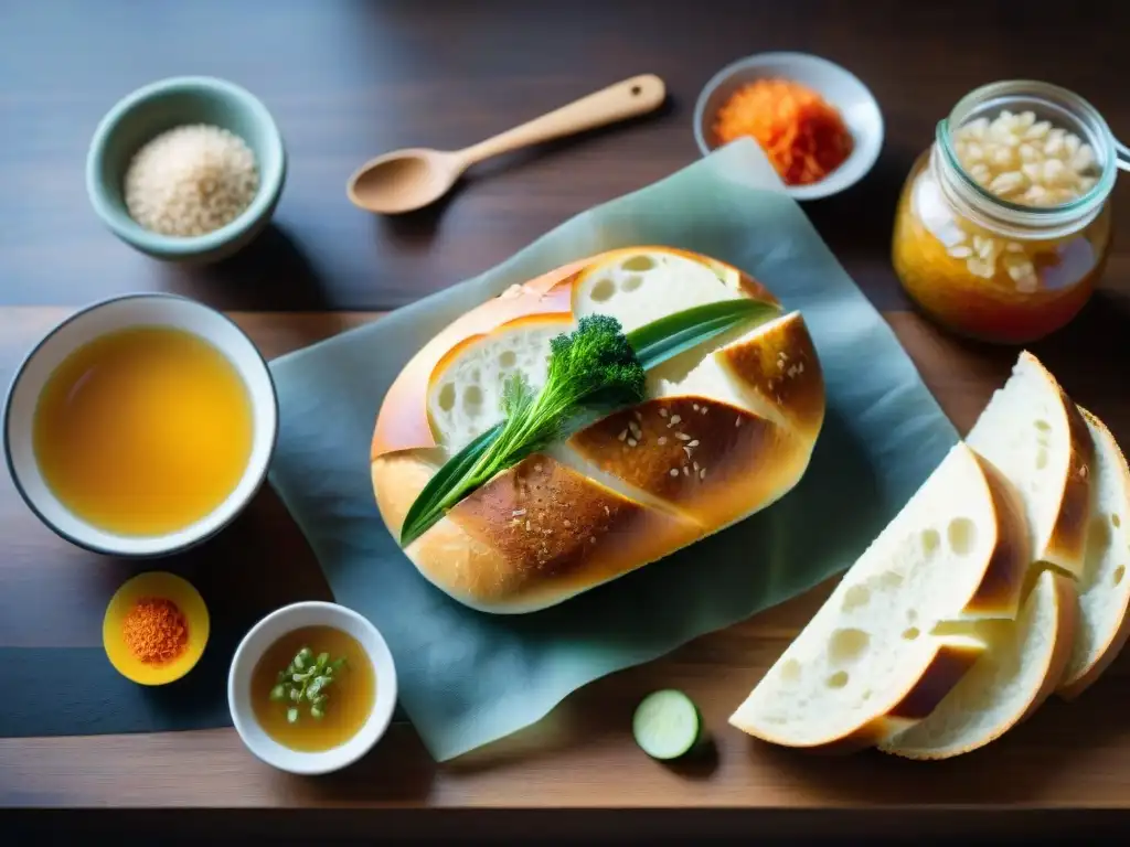 Fermentados sin gluten: variedad saludable en mesa de madera Una variada selección de alimentos fermentados sin gluten, resaltando texturas, colores y formas, sobre una mesa de madera