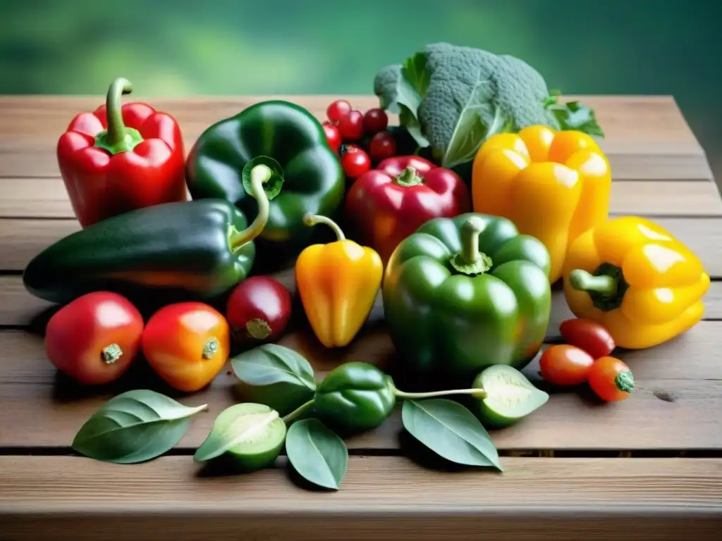 Una variada selección de frutas y verduras frescas, ricas en vitaminas y minerales, sobre una mesa de madera rústica