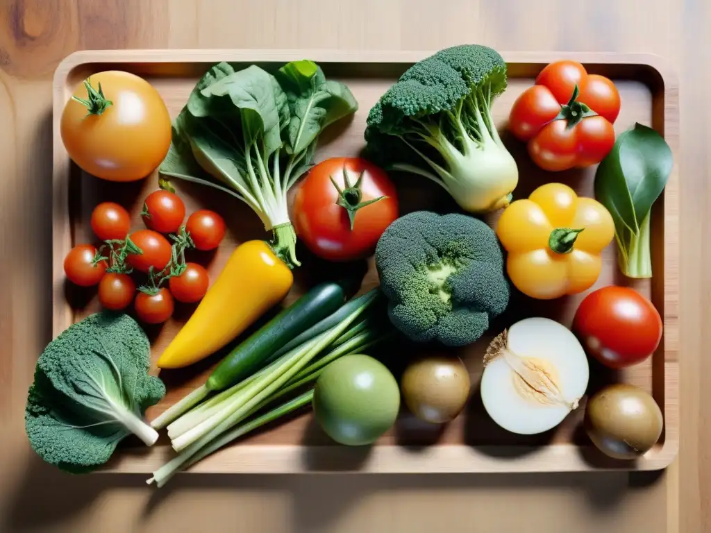 Variada selección de frutas y verduras coloridas en tabla de cortar de madera, para recetas sin gluten para microbiota