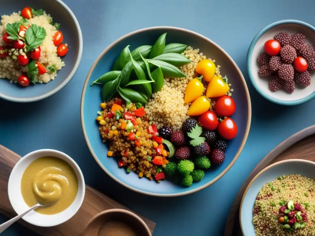 Delicias sin gluten: variedad de platos de quinoa en mesa rústica Una variada y vibrante selección de platos sin gluten con quinua, resaltando los beneficios de esta dieta