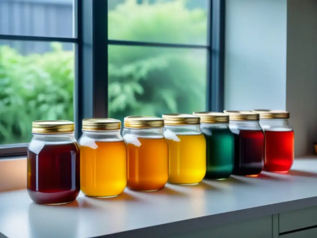 Variadas botellas coloridas de kombucha fermentada en diferentes etapas, en un entorno natural, transmitiendo salud y vitalidad