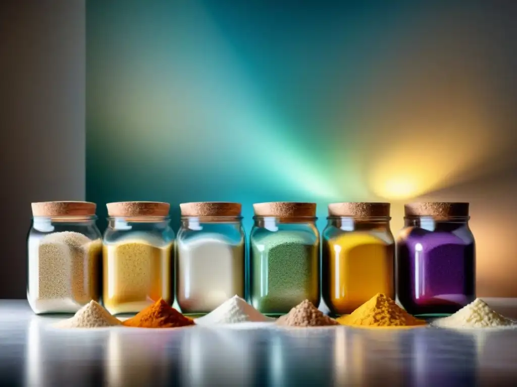 Variadas harinas sin gluten en frascos de vidrio: almendra, coco, tapioca y garbanzo