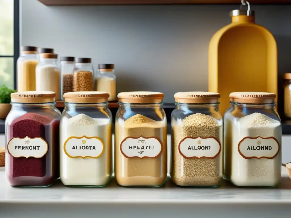 Variadas harinas sin gluten en tarros de cristal sobre encimera moderna, iluminadas por luz natural