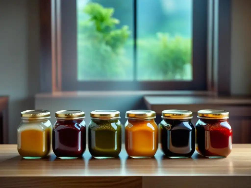 Variadas salsas asiáticas sin gluten saludables en frascos de vidrio sobre mesa de madera, iluminadas por luz natural