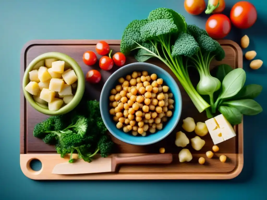 Variado menú de Carnes sin gluten alternativas saludables en tabla de madera con verduras frescas y tofu brillantes