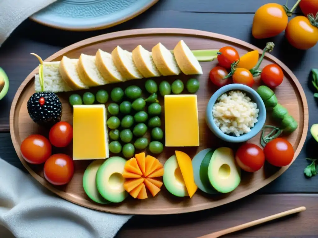 Variado set de snacks sin gluten para niños con frutas, vegetales, hummus y mini sándwiches divertidos en plato de madera colorido