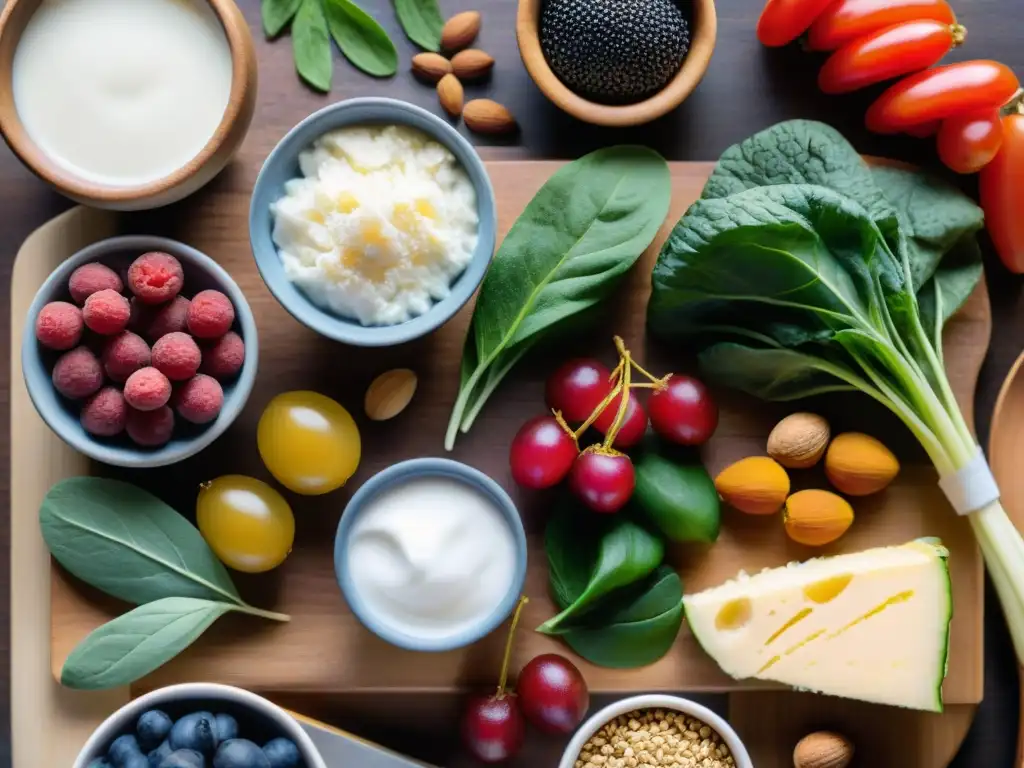 Variado surtido de alimentos prebióticos y probióticos sin gluten, frescos y coloridos en tabla de madera