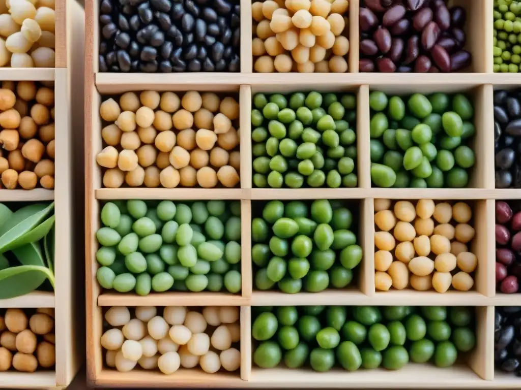 Variado surtido de legumbres en dieta sin gluten en caja de madera rústica, resaltando su color y textura bajo luz natural