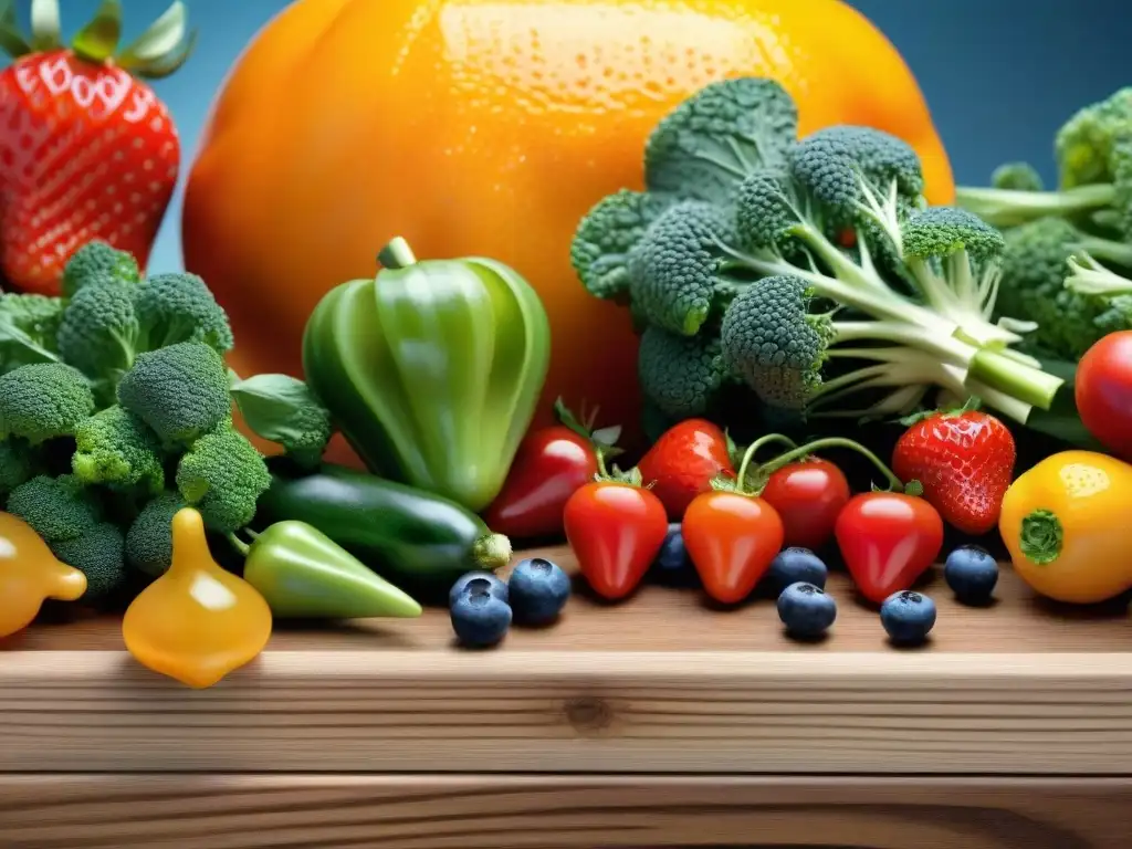 Una variedad alimentaria vibrante y detallada de frutas y verduras frescas en una mesa de madera, bajo una suave luz natural