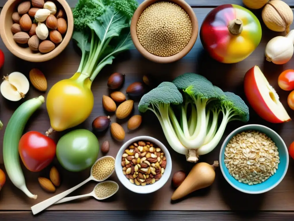 Una variedad de alimentos coloridos y frescos en una mesa de madera