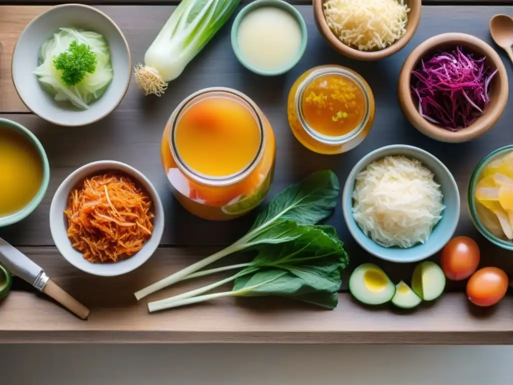 Una variedad de alimentos fermentados coloridos en una mesa de madera